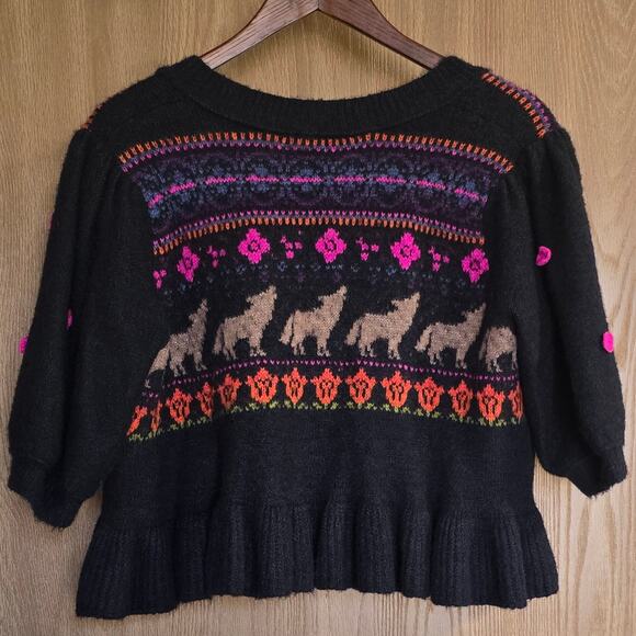 Free People Floral Wolf Janie Wool Blend Jacquard Cardigan Sweater - Picture 3 of 10